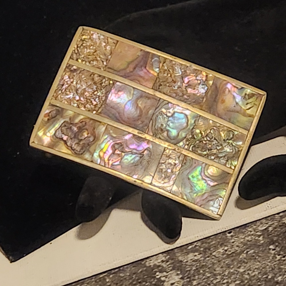 Vintage Hecho en Mexico Alpaca Silver Abalone Shell Mosaic Belt Buckle Rectangle